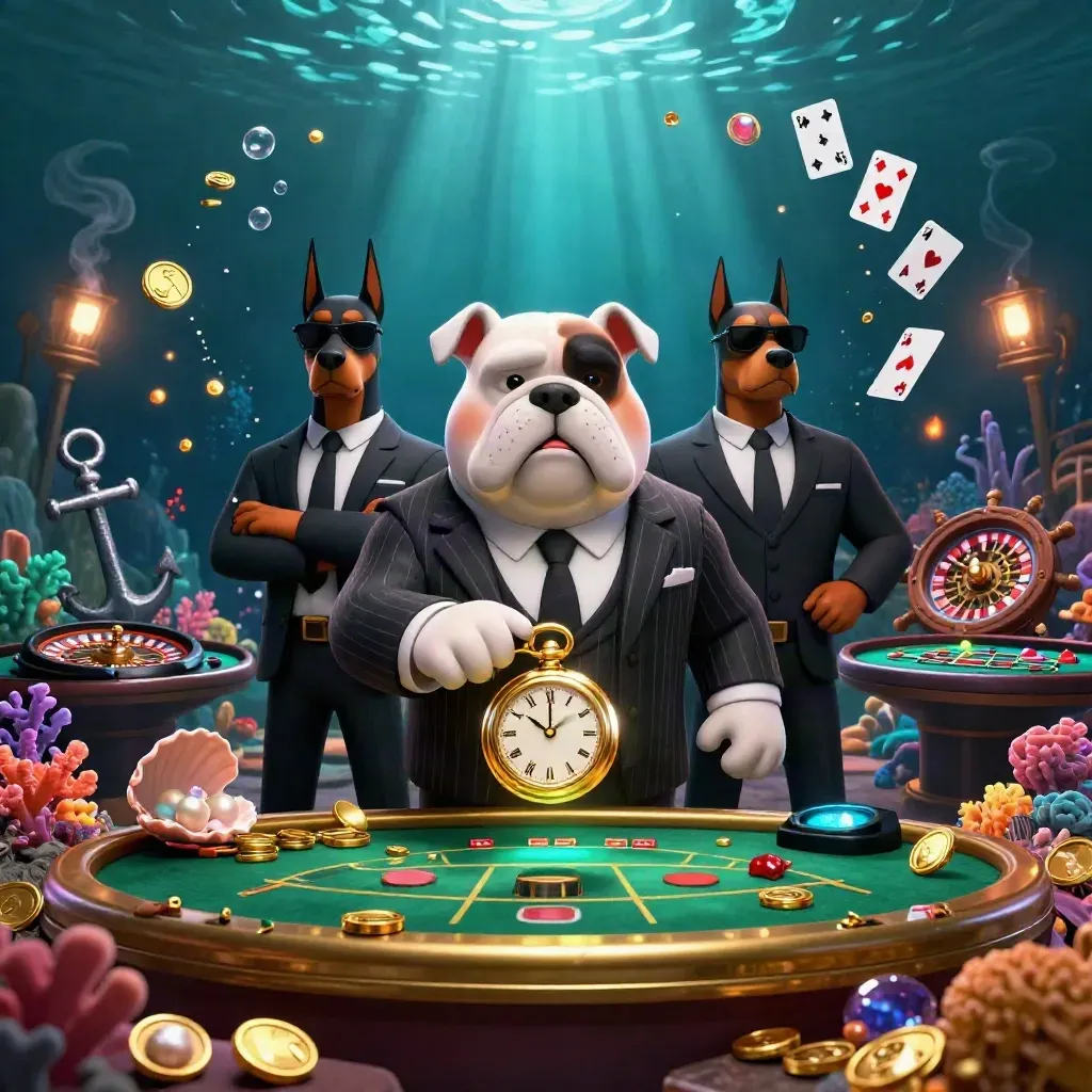 Bulldog boss and Doberman guards in a neon underwater casino treasure cove.