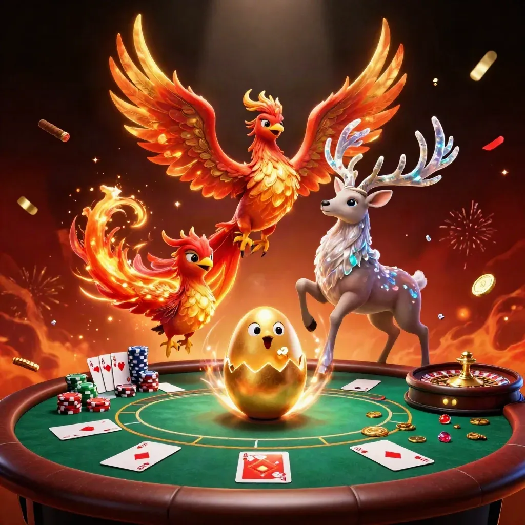 Phoenixes and a crystal-antlered stag amid casino props in a luxe ember-lit room.