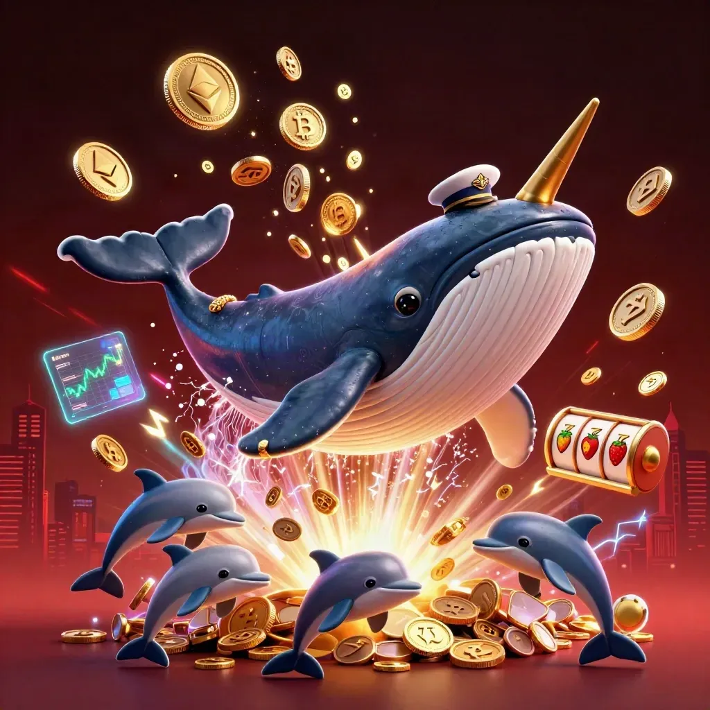 Cartoon whale, narwhal, and dolphins burst through coins in a neon casino splash scene.