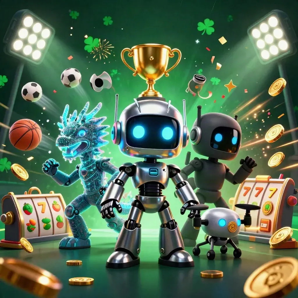 Cyberpunk robot, holographic dragon and coin drone amid casino balls, coins, reels and sparks.