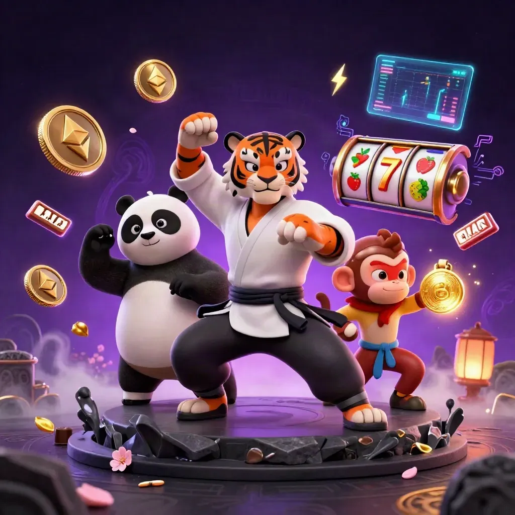 Three kung-fu animals amid casino icons, neon coins, reels, and magical stone-casino effects.